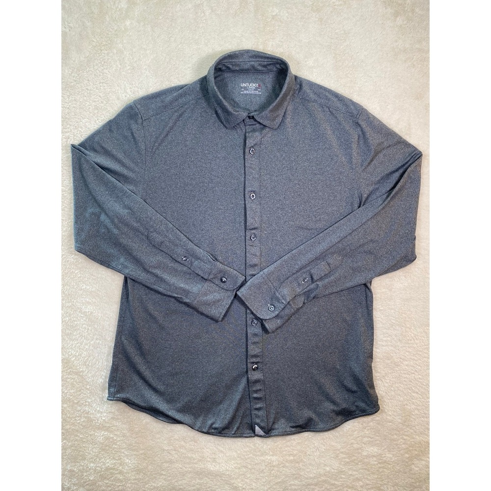 UNTUCKit Mens Perf Tee BD Button Down Shirt Grey Slim Fit Large Long Sleeve